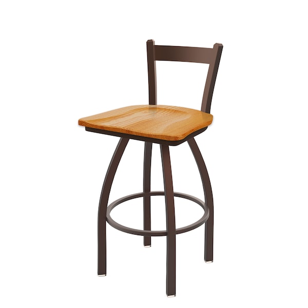 25" Low Back Swivel Counter Stool, Bronze Finish, Med Oak Seat